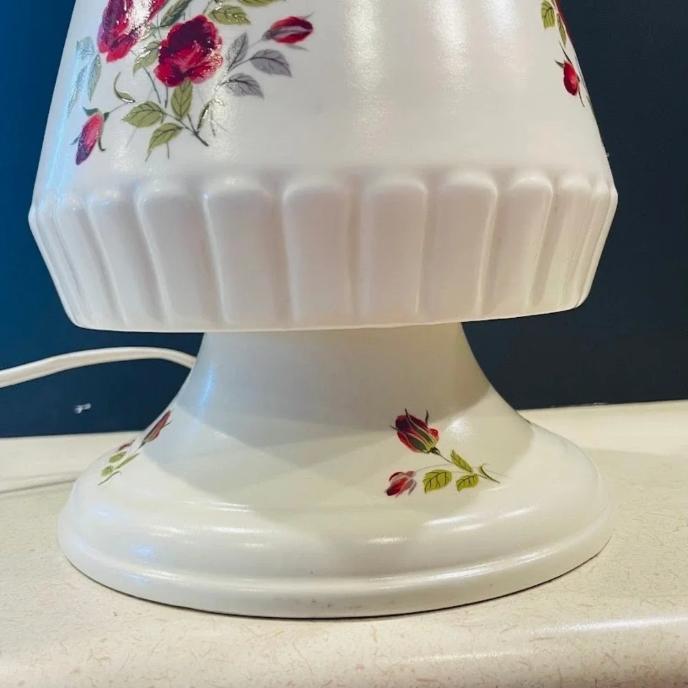 Vintage Hurricane Lamp White Red Floral Milk Glass Shade Electric 18 Inch Rose